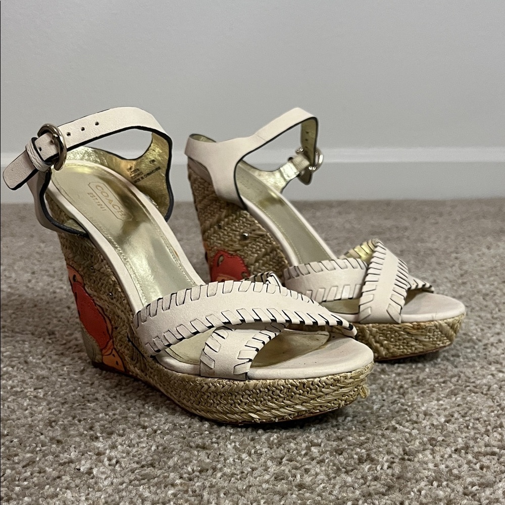 COACH Beige and Tan Wedge Sandals, 7.5